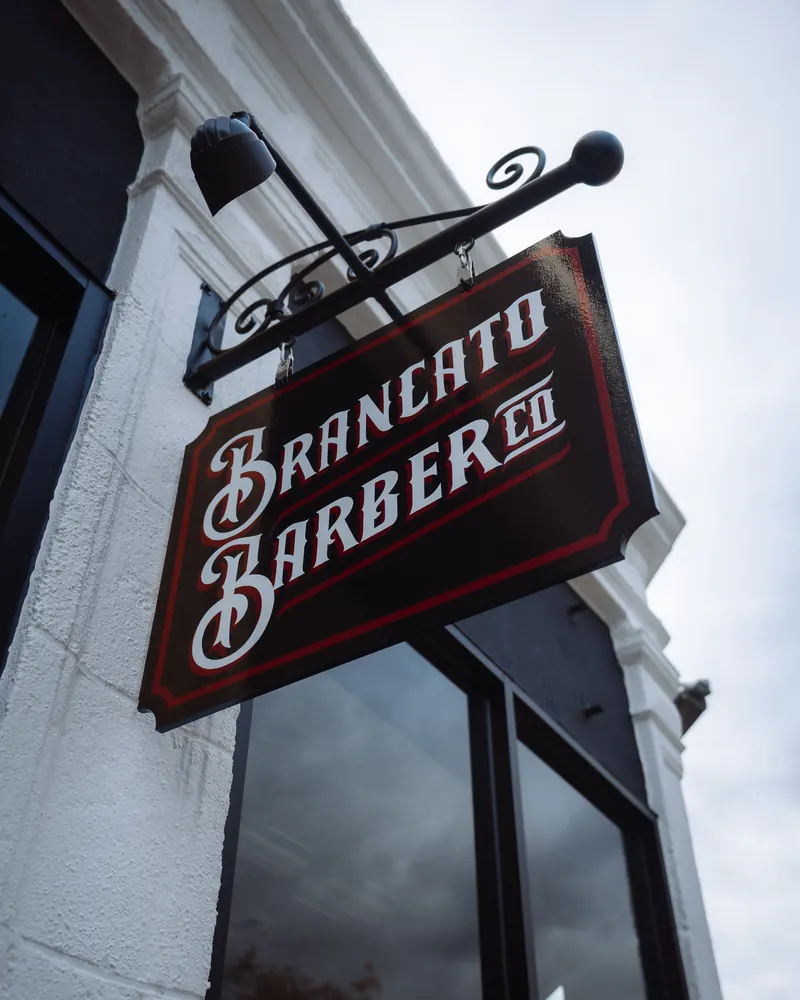 The Brancato Barber Co. sign hanging outside the Somerville shop